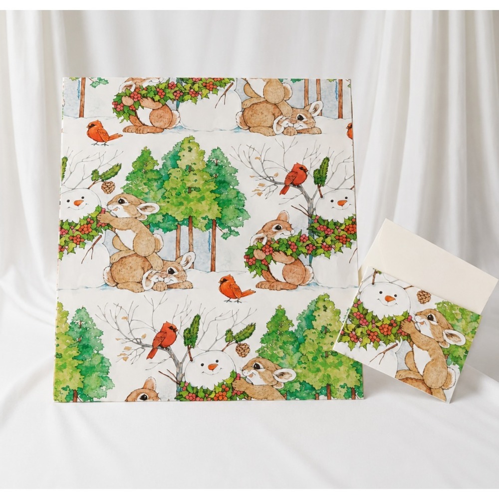 Current Cottontail Christmas Gift Wrap Set Rabbits Snowman 24x30 Vintage 1981